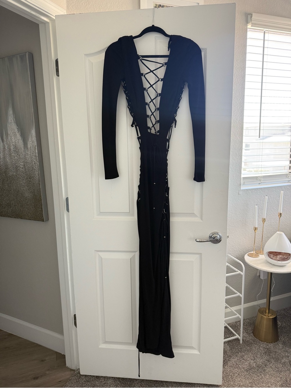 DUNDAS Black Lace-Up Backless Long Sleeve Maxi Dress